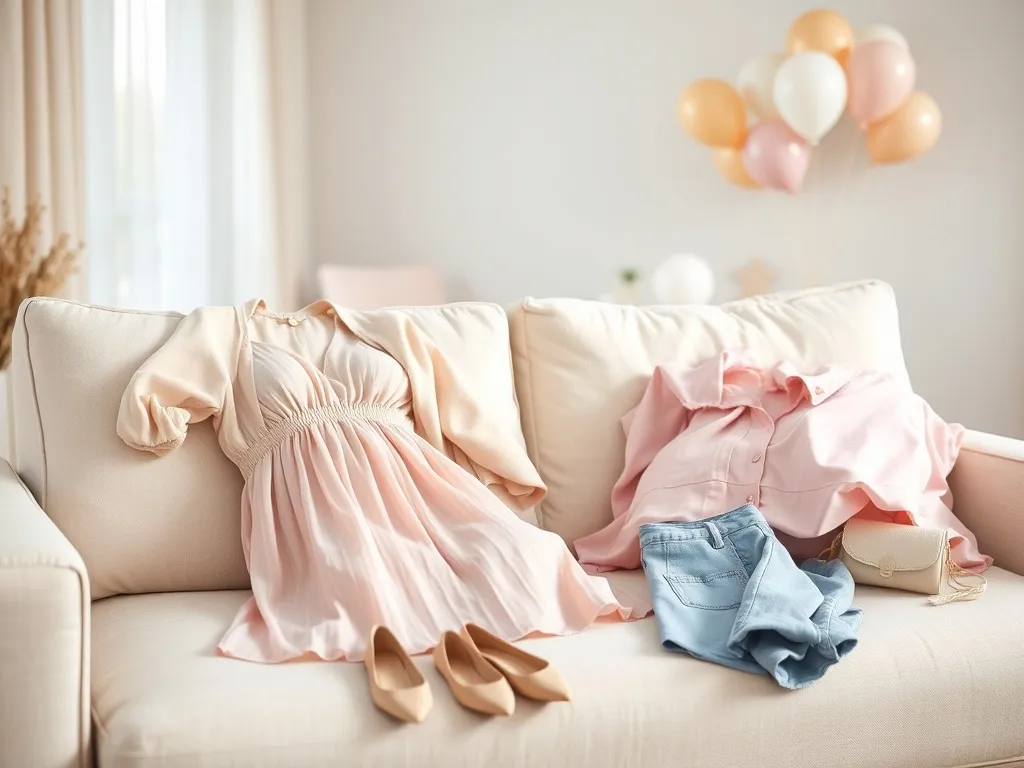 Pastelowe stylizacje na baby shower ułożone na sofie w jasnym salonie, z balonami i delikatnymi dekoracjami w tle