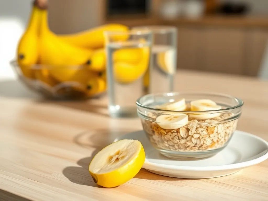 Pokrojony banan na talerzu obok miseczki z owsianką i bananem, w jasnej kuchni, nawiązanie do indeksu glikemicznego banana.