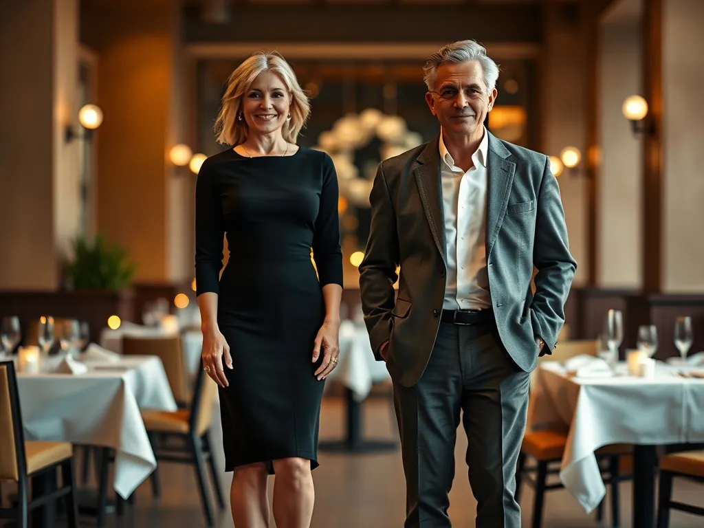 Elegancka para po 60. w gustownych stylizacjach wieczorowych w przytulnym, nastrojowo oświetlonym lokalu na urodziny